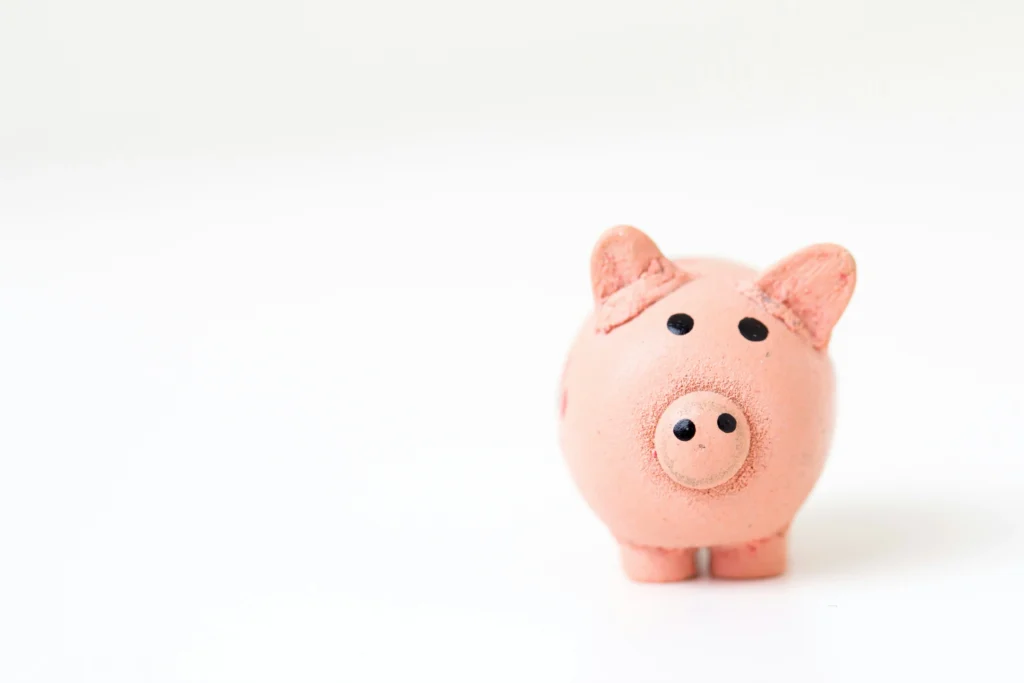 clay piggy bank sits in white space